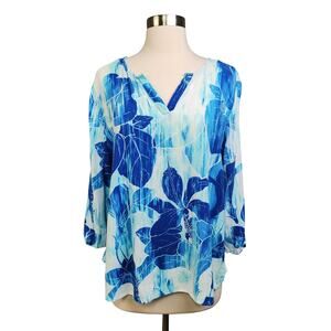 Chicos Womens Tropical Print Blouse Size Large Blue White Split Neck Lightweight